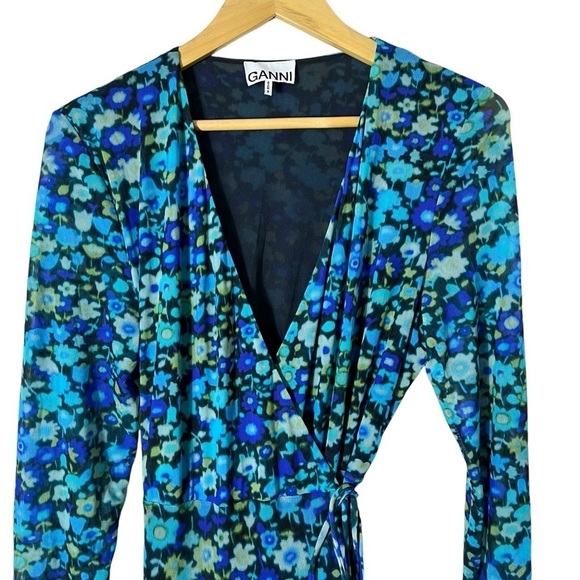 GANNI Floral Print Stretch Mesh Long Sleeve Maxi Wrap Dress - Picture 6 of 13